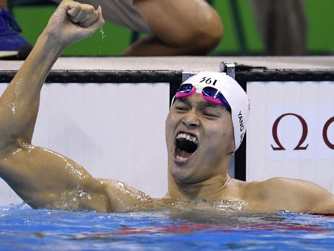 China's Sun Yang celebrates after he won the Men's 200m freestyle final at the 2016 Rio Olympics. Picture: Christophe Simon