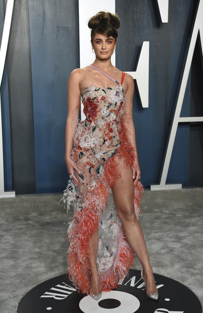 Taylor Hill arrives at the Vanity Fair Oscar Party on Sunday, Feb. 9, 2020, in Beverly Hills, Calif. (Photo by Evan Agostini/Invision/AP)