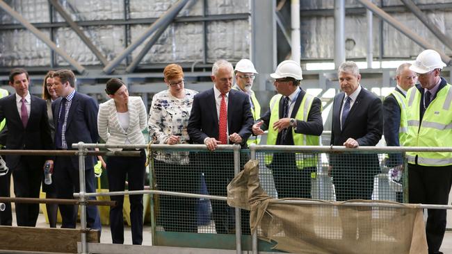 Australian Prime Minister Malcolm Turnbull and Defence Minister Marise Payne take a tour of the ASC naval shipyards in Adelaide. Picture: AFP PHOTO/James Knowler