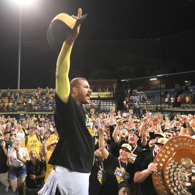 Donald Lutz (Brisbane Bandits jumps for joy. Photo: SMPIMAGES.COM /ABL Media.