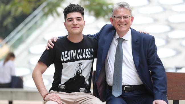 Student Drew Pavlou with lawyer Mark Tarrant. Picture: Annette Dew