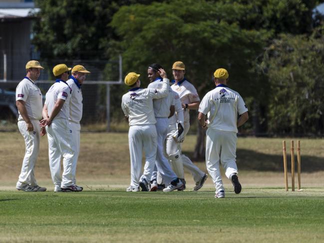 Matt Hallas of Western Districts is bowled by Sebastian Knoll (centre) for Northern Brothers Diggers in A grade Toowoomba Cricket round five at Captain Cook Reserve, Saturday, March 6, 2021. Picture: Kevin Farmer