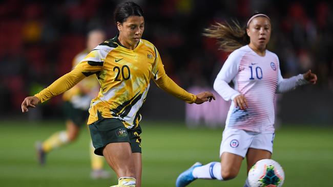 Matildas star Sam Kerr in action at Hindmarsh Stadium on Tuesday night. Picture: Mark Brake/Getty Images.