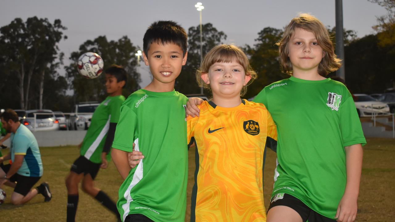 Seb Palazzo-Orr, Lucia Palazzo-Orr and Makus Bachmayer from Ipswich Knights Soccer Club training before the Matildas vs England semi-final clash in Ipswich. Photos by Georgie Walker.