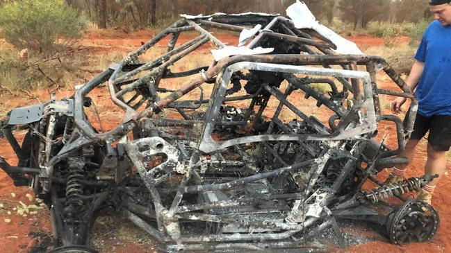 The burnt out wreck of the team's Polaris buggy. Picture: Brett Murray