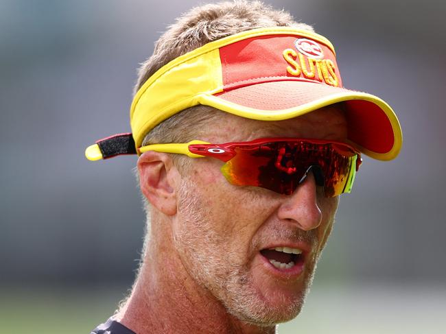 GOLD COAST, AUSTRALIA - FEBRUARY 19: Head coach Damien Hardwick during a Gold Coast Suns Training Session at Heritage Bank Stadium on February 19, 2024 in Gold Coast, Australia. (Photo by Chris Hyde/Getty Images)