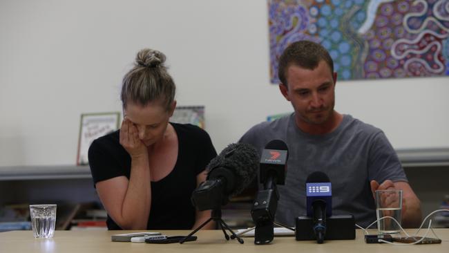 The children of Gayle Woodford, Alison and Gary, speak to the media. Picture: Simon Cross