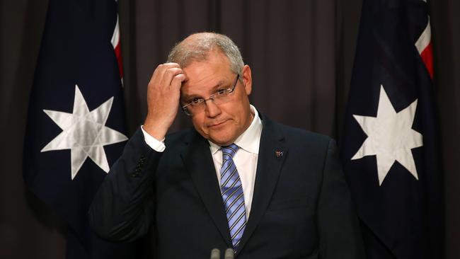 Treasurer Scott Morrison holding a press conference at Parliament House in Canberra. (Picture Kym Smith)