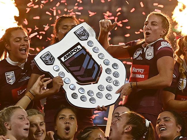 TOWNSVILLE, AUSTRALIA - JUNE 22: Queensland celebrates after winning the series during game two of the women's state of origin series between New South Wales Skyblues and Queensland Maroons at Queensland Country Bank Stadium on June 22, 2023 in Townsville, Australia. (Photo by Ian Hitchcock/Getty Images)