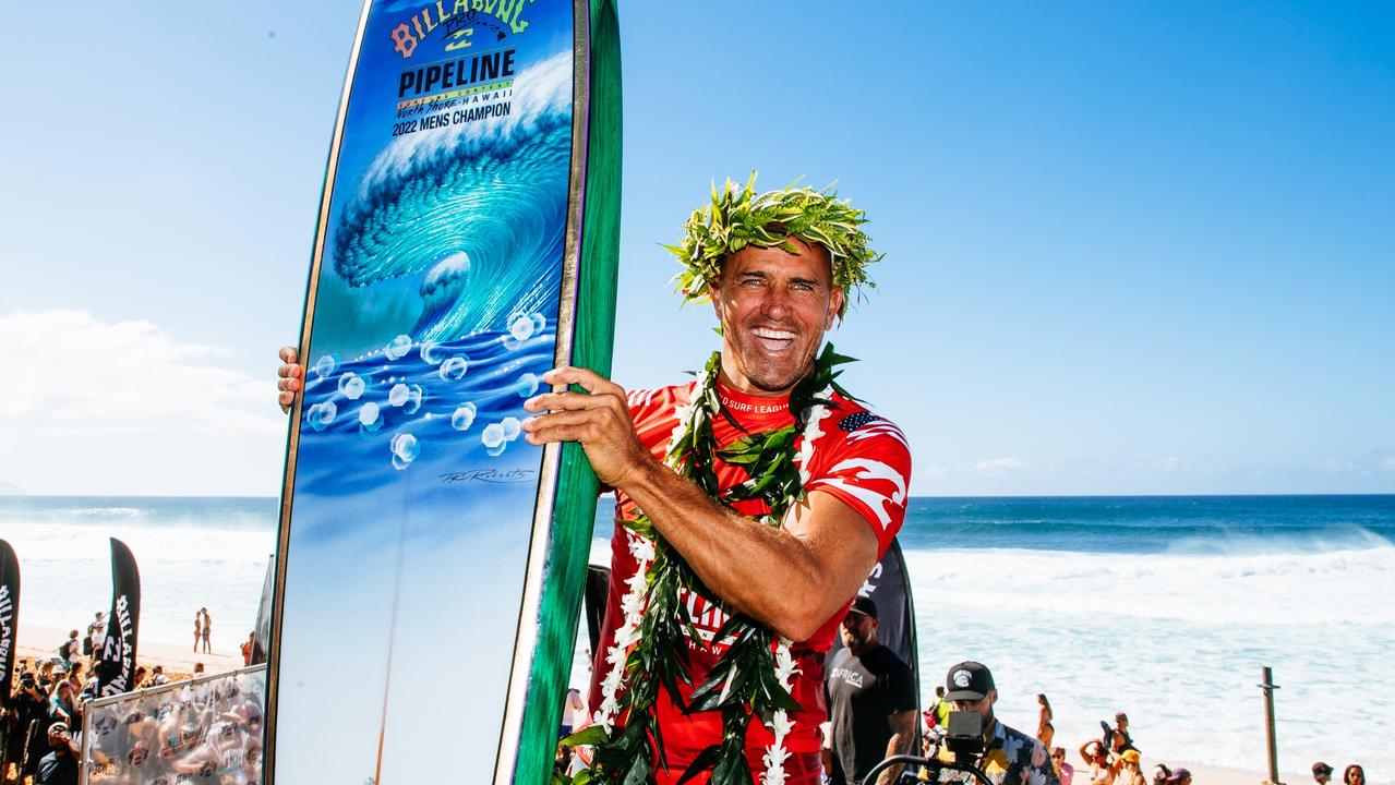 Eleven-time WSL Champion Kelly Slater after winning the Final at the Billabong Pro Pipeline (Photo by Tony Heff/World Surf League)