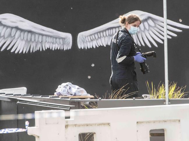 Bullet holes mark the walls of the Keilor cafe where Gavin Preston had his last coffee. Picture: Tony Gough