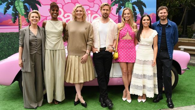 Barbie cast members Kate McKinnon, Issa Rae, Greta Gerwig (director), Ryan Gosling, Margot Robbie, America Ferrera and Michael Cera attend the opening press tour event at Four Seasons Hotel in Los Angeles. Picture: Getty Images