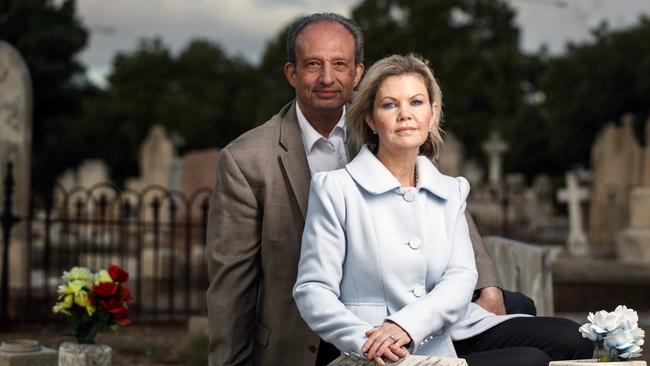 Rachel Egan, who believes she could be the granddaughter of the Somerton Man with her husband and Adelaide Uni researcher Derek Abbott at the West Terrace Cemetery. Picture: Matt Turner.