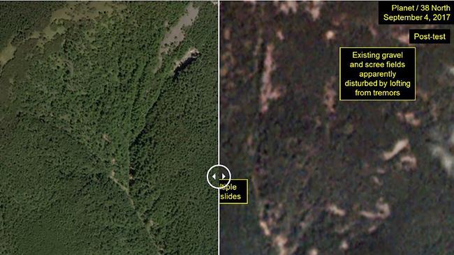 This before-and-after show a closer view of the Punggye-ri test site following the September 3 test. Picture: Planet HO/AFP