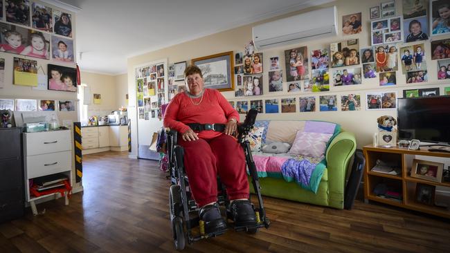 76-year-old Jean Mathew, a wheelchair user who lives with cerebral palsy is unable to go to the toilet for over 12 hours a day as a result of a 'cruel' Govt funding move. Picture: RoyVPhotography.