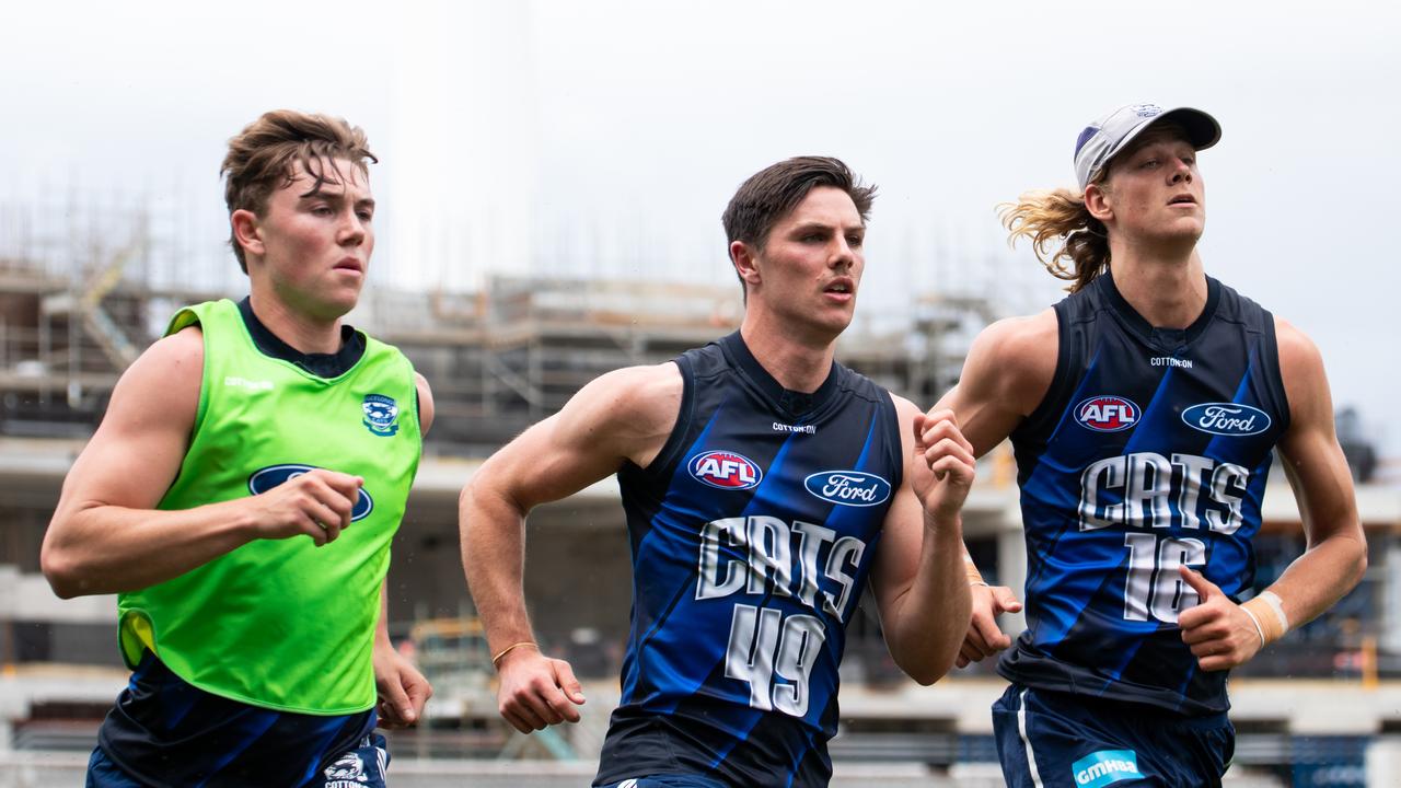 Tanner Bruhn, Ollie Henry and Sam De Koning at Geelong training. Picture: Cats Media