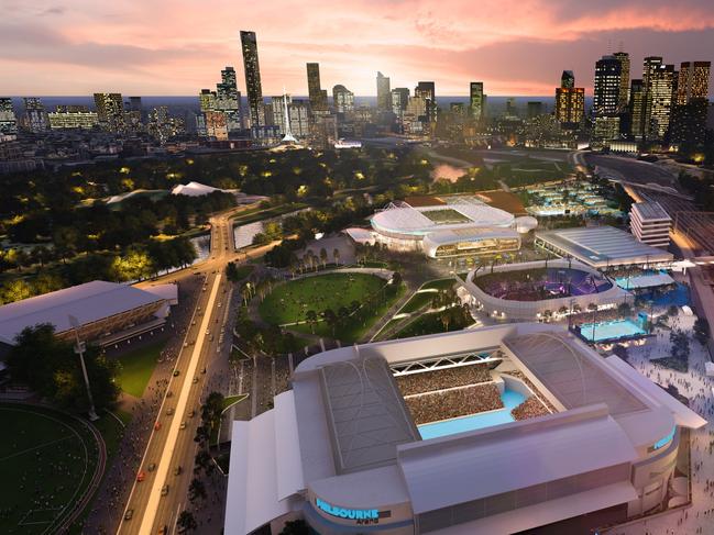 An artist impression of the new look Melbourne Park, which includes a new showcourt to be built between Rod Laver Arena and Melbourne Arena.