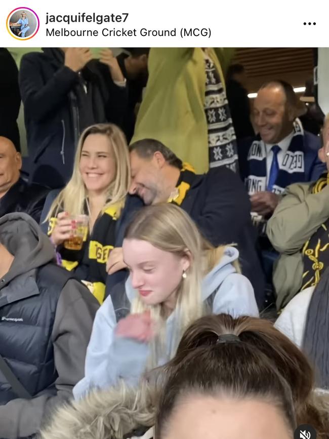 Mick Molloy and a friend keep warm at the Richmond V Geelong match on Saturday. Picture: Supplied