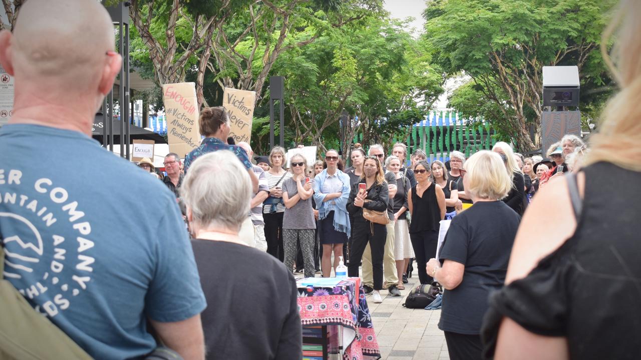 Protesters gathered at City Square on Monday for the March 4 Justice event in Coffs Harbour.