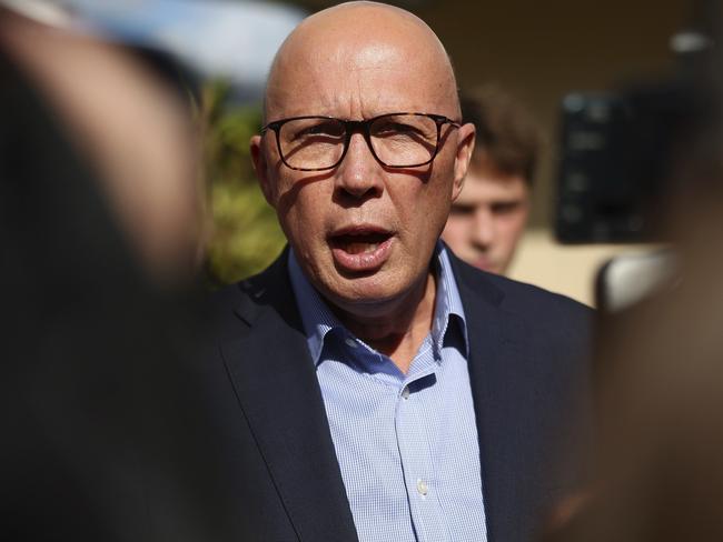 Australian Liberal Party leader Peter Dutton talks to the media after voting in his electorate in Brisbane, Australia, Saturday, May 3, 2025. (AP Photo/Pat Hoelscher)