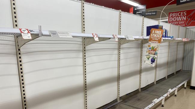 The state of the toilet paper shelves at Coles Ingham on Saturday morning.