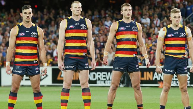 It was all about “mind coaching” rather than intimidating the opposition, explain the creators of the intriguing Crow stare the Adelaide players used during the national anthem before each AFL final last month. Picture: Michael Klein