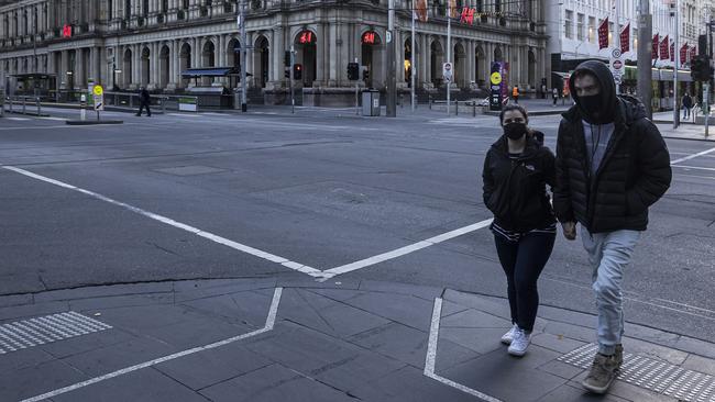 A near-deserted Bourke Street in Melbourne on Wednesday. Picture: Getty Images