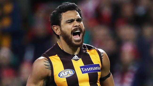 Hawthorn's Cyril Rioli celebrates a goal during AFL match Sydney Swans v Hawthorn at the SCG. Picture. Phil Hillyard