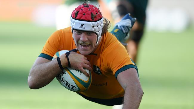 Fraser McReight of the Wallabies scores a try during a Rugby Championship clash against the Springboks in 2022. Picture: Getty Images