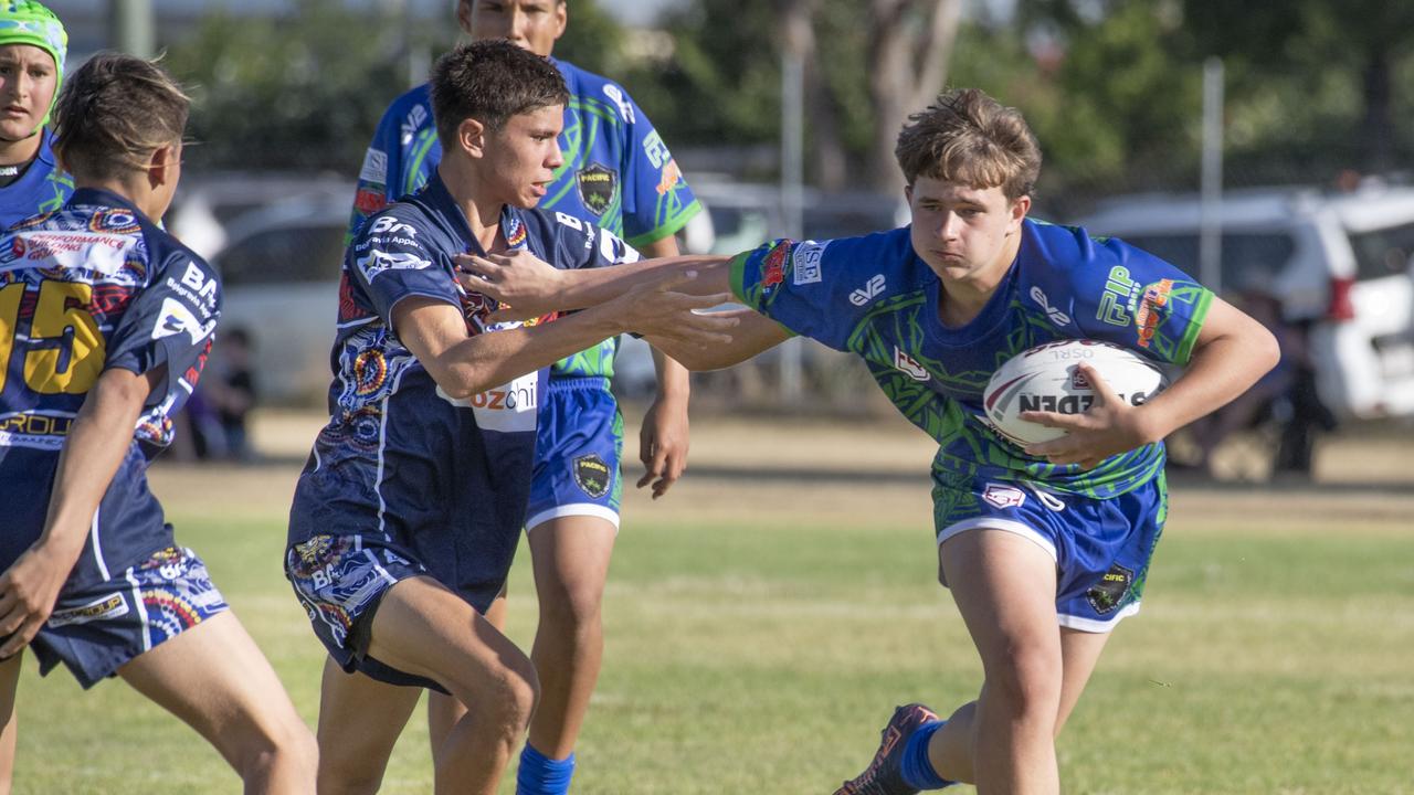 Temanu Taahi for Emus tackle Ashley Cubby for Pacific. Under 15's boys SW Qld Emus vs Pacific Nations Toowoomba. Saturday, February 25, 2023. Picture: Nev Madsen.