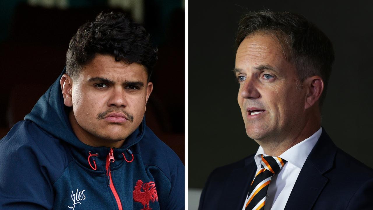 Wests Tigers CEO Justin Pascoe (right) has informed Latrell Mitchell's management that the club has pulled their contract offer.