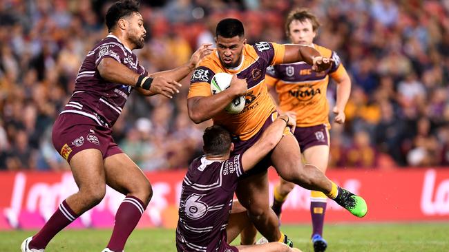 Payne Haas rolls over the Sea Eagles defence. Picture: Bradley Kanaris/Getty Images