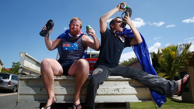 James Ross-Munro and Kane Wiblen celebrate by doing a 'shoey'. Photo: Kit Wise