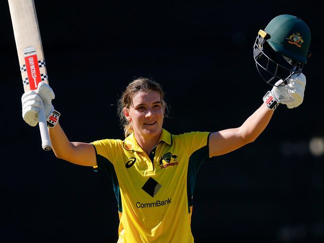 PERTH, AUSTRALIA - DECEMBER 11: Annabel Sutherland of Australia celebrates her Century during game three of the Women's ODI Series between Australia and India at WACA on December 11, 2024 in Perth, Australia. (Photo by James Worsfold/Getty Images)