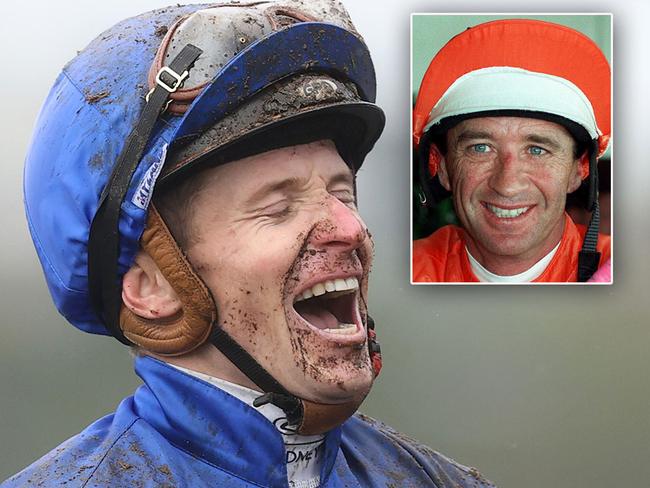 James McDonald celebrates Broadsiding's Champagne Stakes victory last week and (inset) Malcolm Johnston, the jockey who currently holds the record for most Group 1 wins in a season.