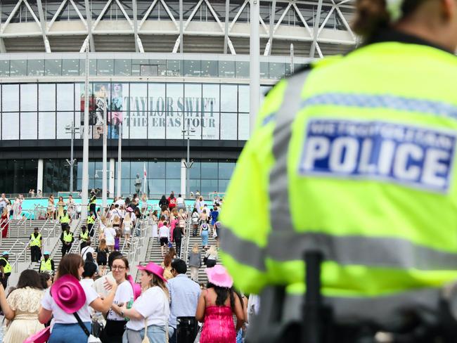 Security at Wembley Stadium was heightened after a foiled terror plot at Swift’s Vienna concert. Picture: Getty Images