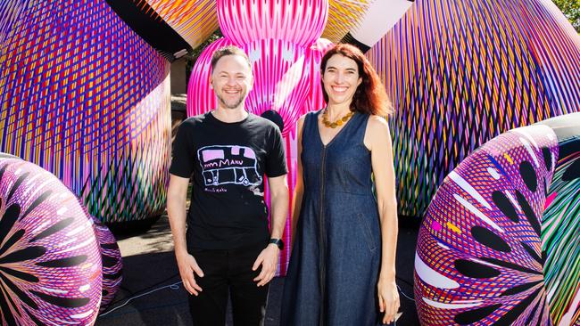 James Gough, CEO of Darwin Festival and Kate Fell, Artistic Director in front of 'Lost Dogs Disco' installation in Festival Park. Photo: Elise Derwin