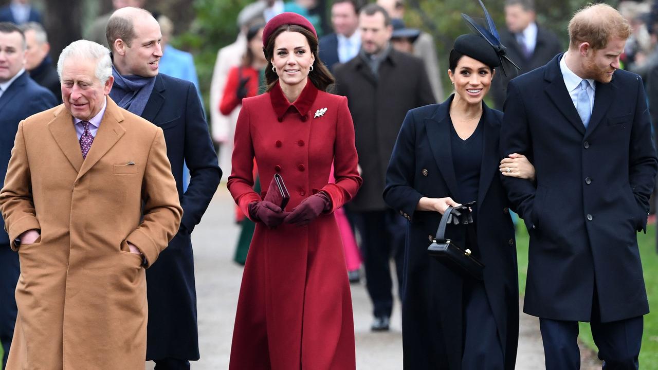 With Prince Charles, Kate Middleton, the Duchess of Cambridge, and Meghan Markle, the Duchess of Sussex, on Christmas Day 2018. Picture: Paul Ellis/AFP