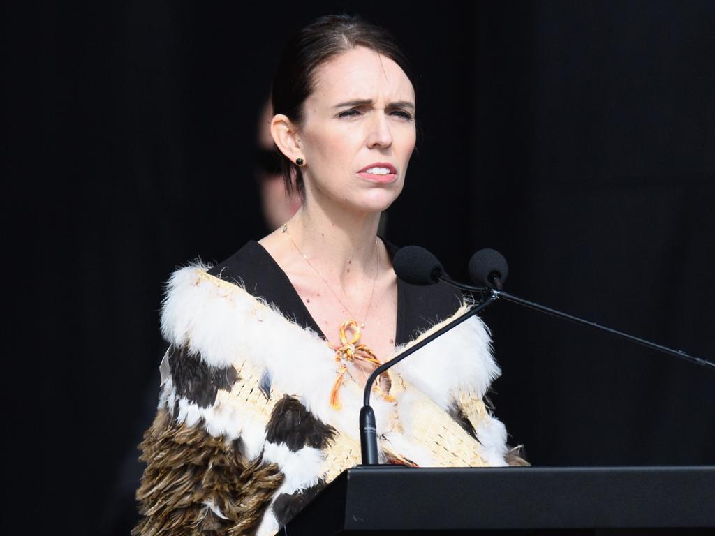 New Zealand Prime Minister Jacinda Ardern giving a speech at a national remembrance service for the victims of the Christchurch massacre. Picture: Getty Images