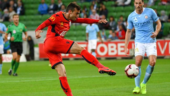 Nikola Mileusnic has overcome a hamstring injury to join the Adelaide United squad for its trip to Gosford to face Central Coast. Picture: Vince Caligiuri/Getty Images