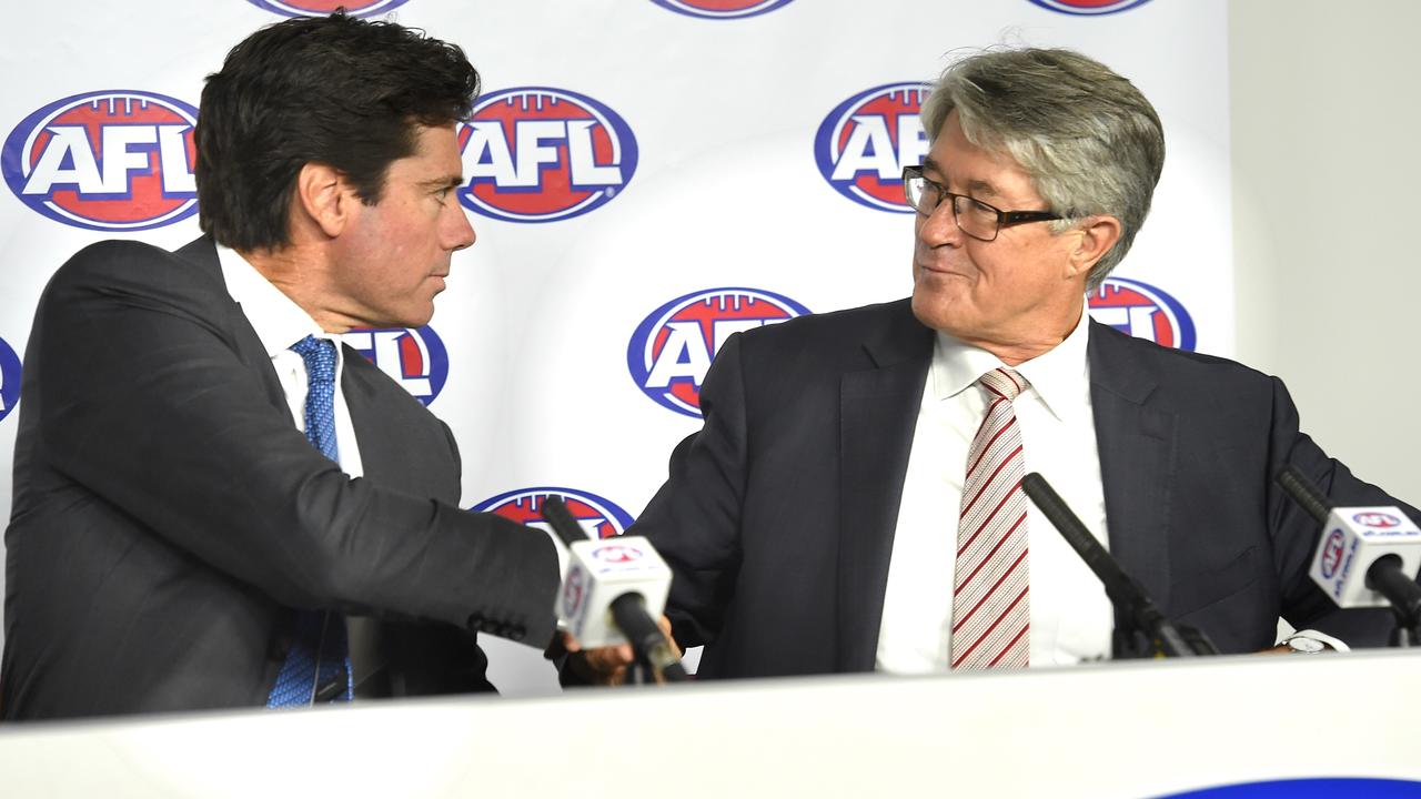 AFL chief executive Gillon McLachlan with former AFL chairman Mike Fitzpatrick. Picture: Nicole Garmston