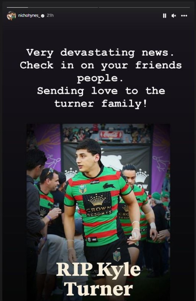 NRL star Nicho Hynes urged fans to check in on their friends after the sudden death of fellow player, Kyle Turner. Picture: Instagram