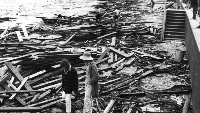 The debris from the swimming pool pier that washed up on Manly beach 26/05/74 (1974), during the storm. Pic Frank Violi. Picture: Archive News Ltd