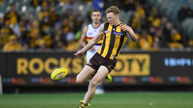 James Sicily of the Hawks in action against Adelaide on his way to earning another Team of the Week selection. Picture: AAP Image/Julian Smith