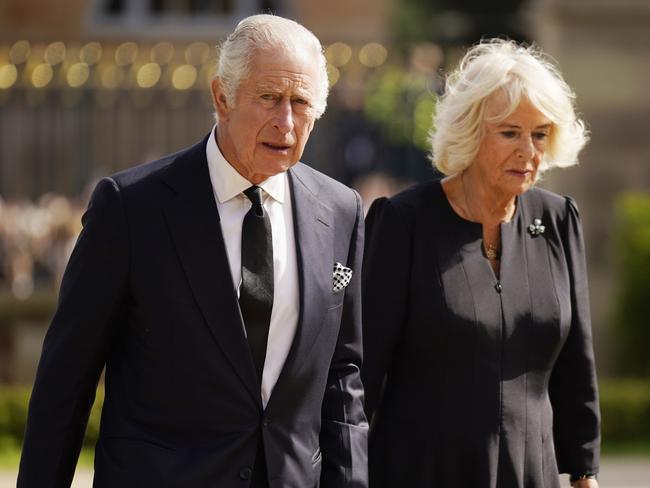 King Charles III and Camilla, Queen Consort arrive for a visit to Hillsborough Castle. Camilla has been suffering from a broken toe. Picture: Getty.