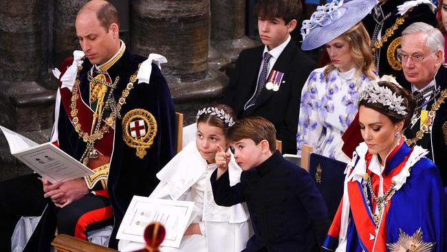 Prince William, Princess Charlotte, Prince Louis and Catherine, Princess of Wales sit front row. Picture: Yui Mok / Pool / AFP