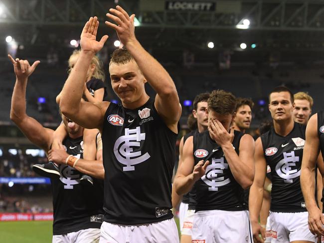 Patrick Cripps of the Blues leads his team off the ground after the Round 5 AFL match between the Western Bulldogs and the Carlton Blues at Marvel Stadium in Melbourne. Picture: AAP Image/Julian Smith