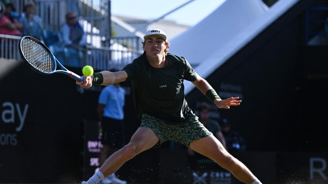 Australia's Max Purcell returns the ball to Britain's Billy Harris during their men's singles semi-final tennis match at the Rothesay Eastbourne International tennis tournament in Eastbourne, southern England, on June 28, 2024. (Photo by Glyn KIRK / AFP)