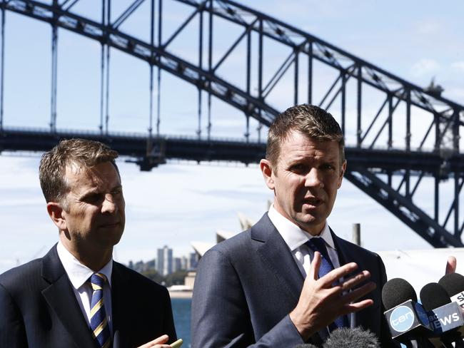 Premier Mike Baird and Transport Minister Andrew Constance at Blues Point making an announcement about the Sydney Metro. Picture: Tim Hunter