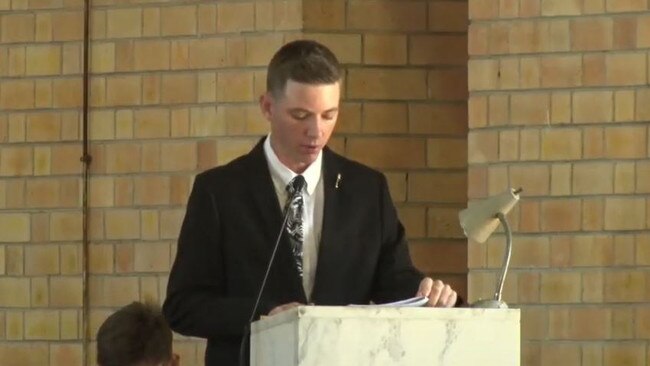 Declan Mulherin speaks at his father's funeral. Former Mackay MP Tim Mulherin was farewelled in Mackay on Tuesday September 15, 2020.